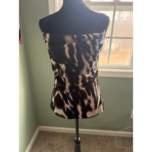 bebe Strapless Ruched Bustier Top XXS Black White Blue Abstract Print